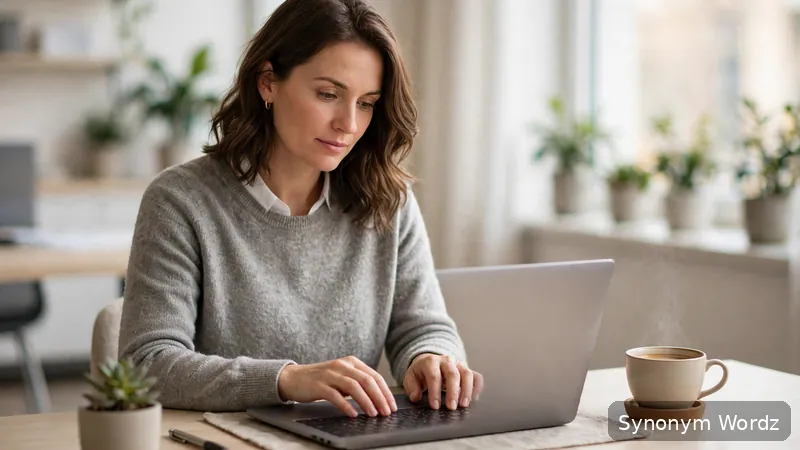 A professional writing a thoughtful email at a laptop in a bright office