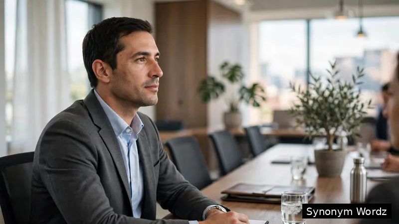 A composed professional listening thoughtfully during a meeting in a modern conference room