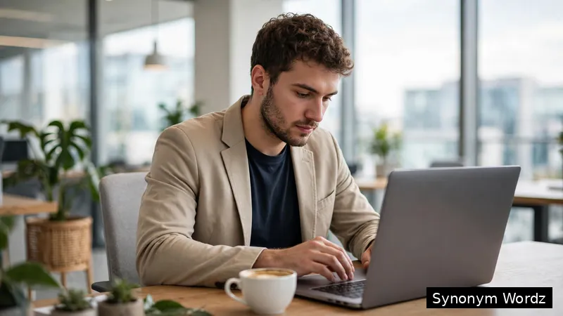 A professional writing an email on a laptop in a bright modern office with a coffee cup beside the keyboard