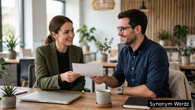 Two colleagues having a calm, friendly conversation at an office desk while one hands a document to the other