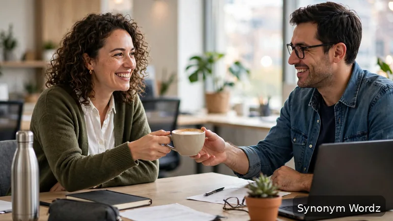 A friendly colleague handing a coffee cup to a coworker in a bright office, matching the warm tone of these casual thank-you phrases