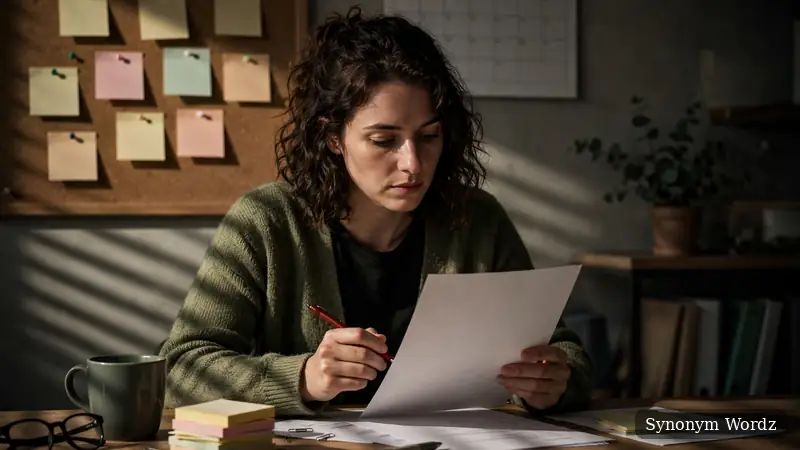 A person carefully reviewing a printed resume with a red pen, checking wording
