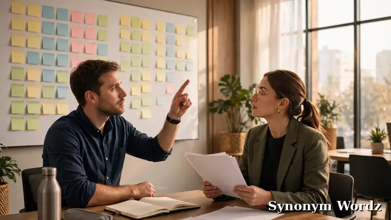 Two colleagues discussing documents in a meeting