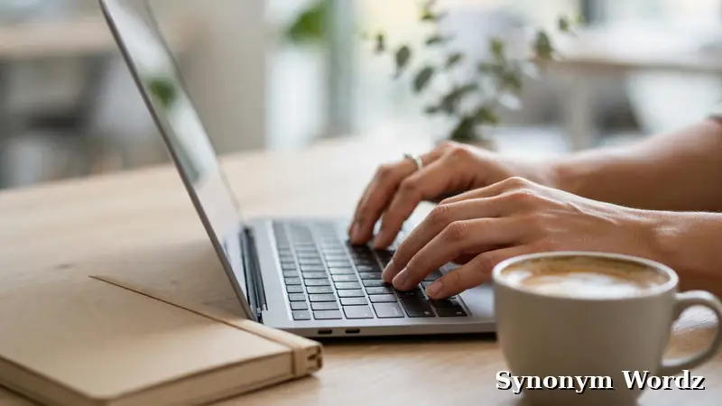 Hands typing an email on a laptop in a bright office