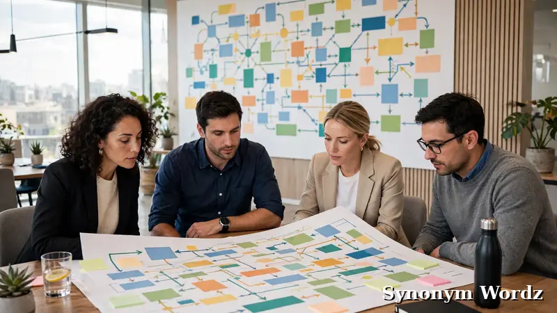 Colleagues reviewing a strategic planning document in a modern office