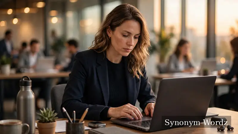 Professional writing a workplace email about community giving at a modern office desk