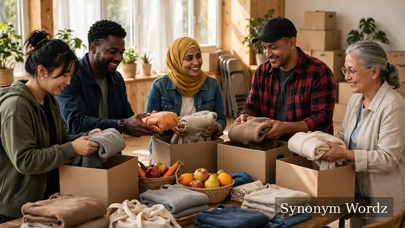 Diverse volunteers packing donation boxes together in a bright community center, showing the spirit of giving back to the community