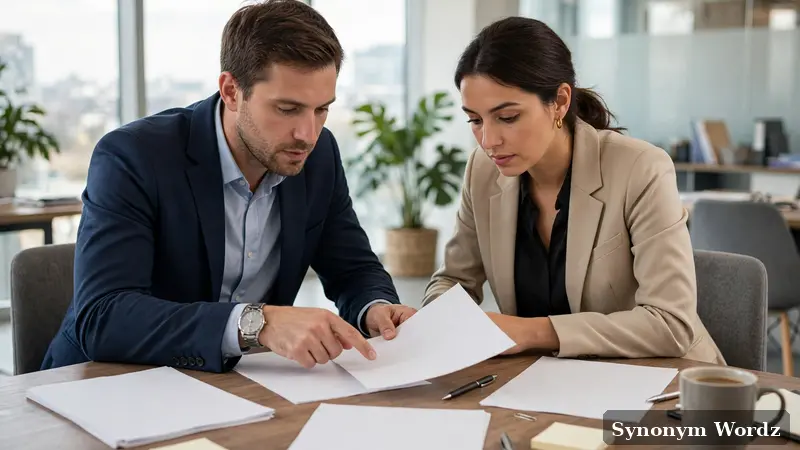 Two colleagues reviewing printed documents together at a conference table