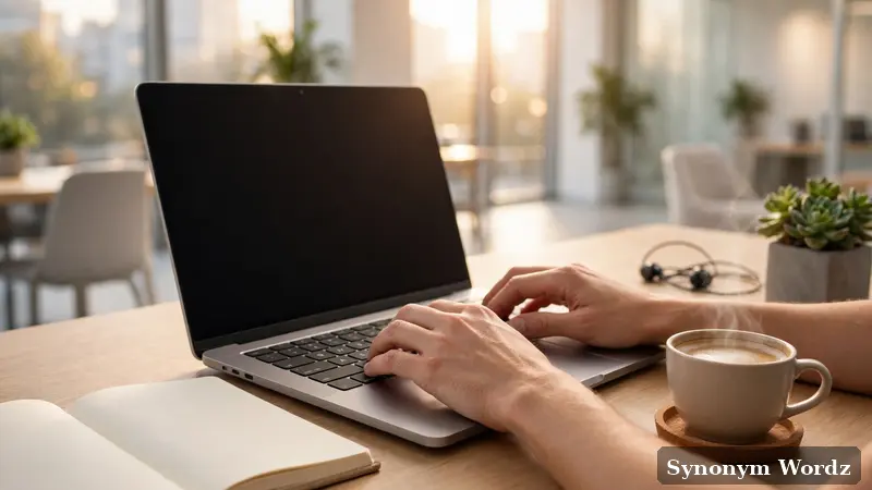 Hands typing a business email on a laptop in a bright modern office