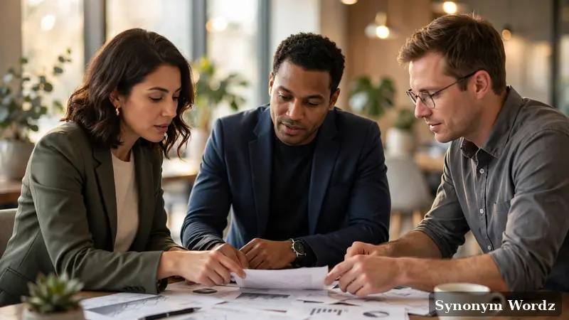 Business colleagues collaborating around documents in a bright modern meeting room