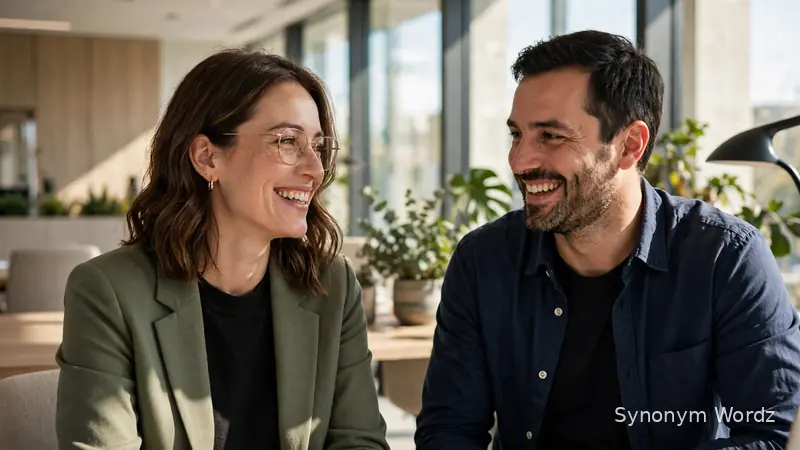 Two colleagues having a friendly conversation in an office