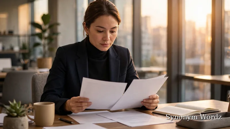 Business professional reviewing printed documents and checking email wording carefully