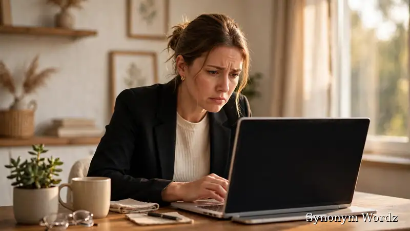 Professional woman reading an email with a thoughtful, concerned expression in a home office
