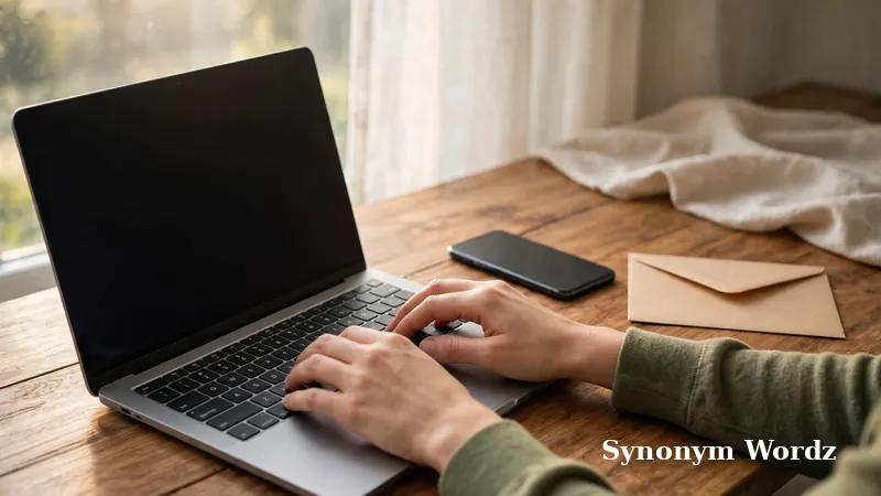 Hands typing on a laptop showing someone writing a professional business email