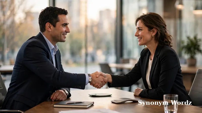 Two business professionals shaking hands in a modern office representing professional email alternatives