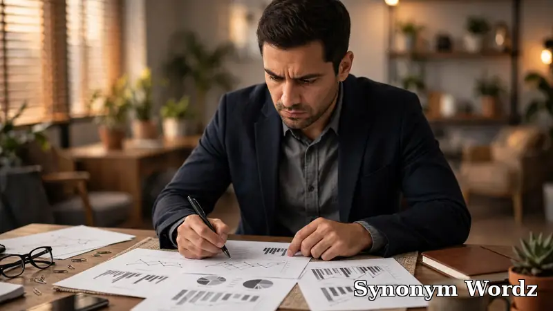 Businessman carefully reviewing printed reports and charts at his desk