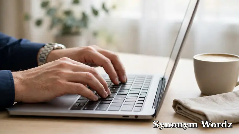 Professional typing an email with polite business phrases on a laptop