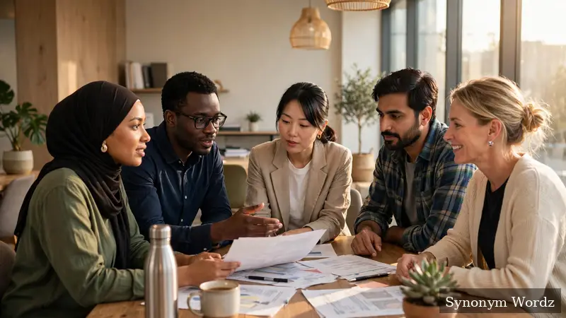 Workplace feedback culture with colleagues sharing ideas in a meeting