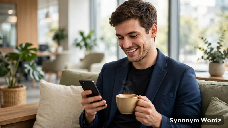 Smiling professional checking a thank you email on a phone while holding coffee