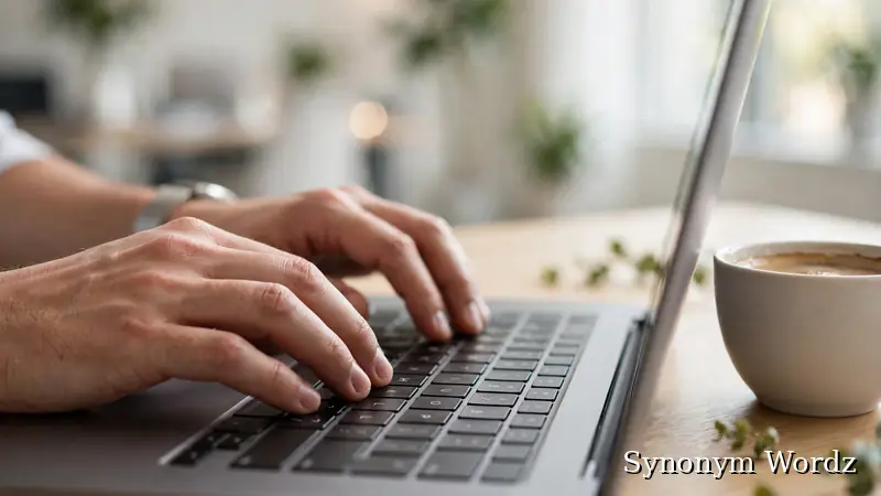 Hands typing a thank you email on a laptop in a bright office