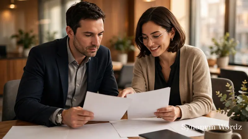 Two colleagues reviewing documents together during an office meeting