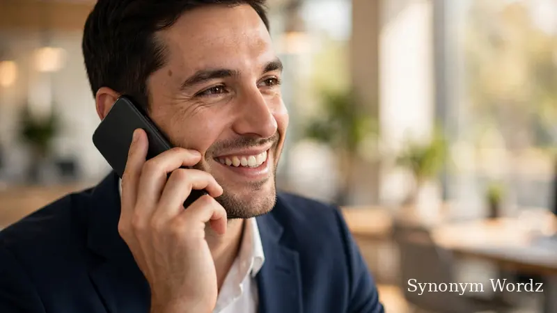Business professional smiling while talking on a smartphone in a modern office